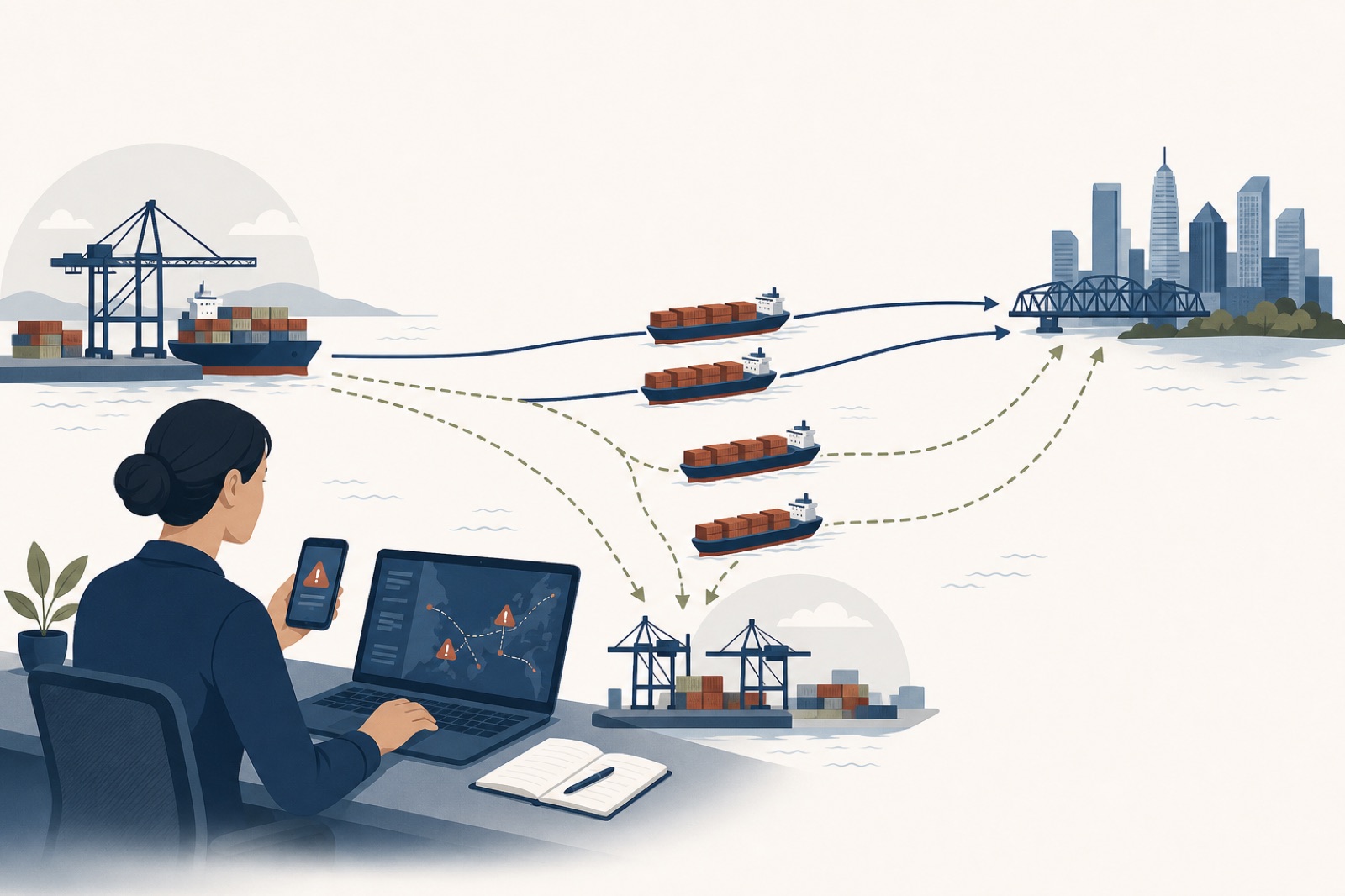 Five cargo containers split across two ocean routes while an operations specialist monitors alerts and coordinates the recovery.