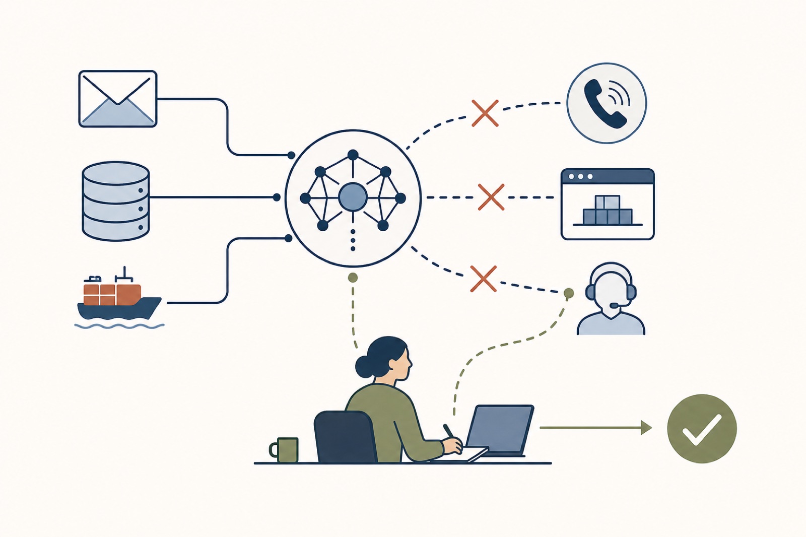 An AI model connected to email, databases and cargo alerts, with missing links to phone calls and private carrier systems.