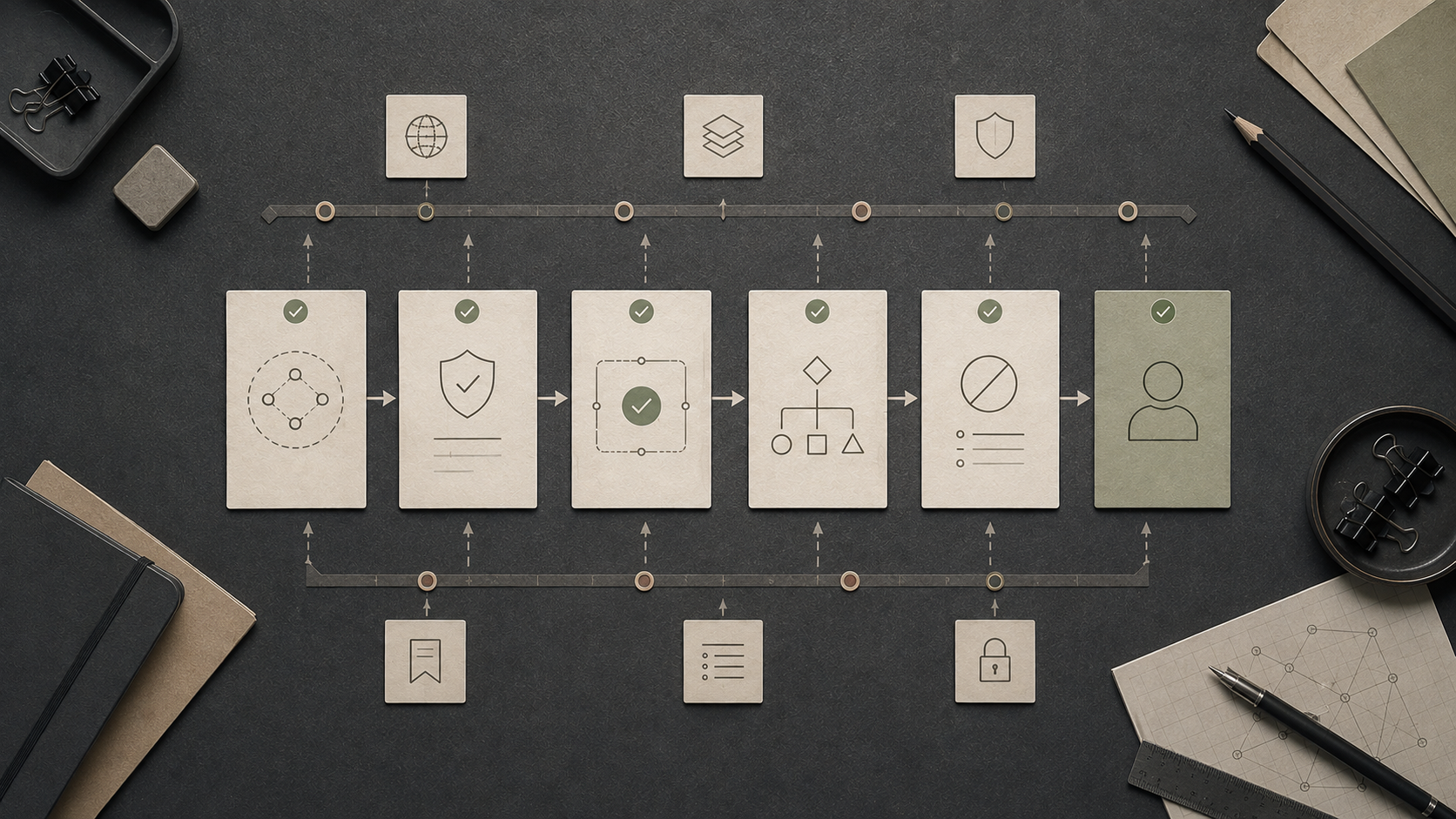 A modular bounded-agent workflow assembled from separate paper cards for contracts, checks, logs, and human release.