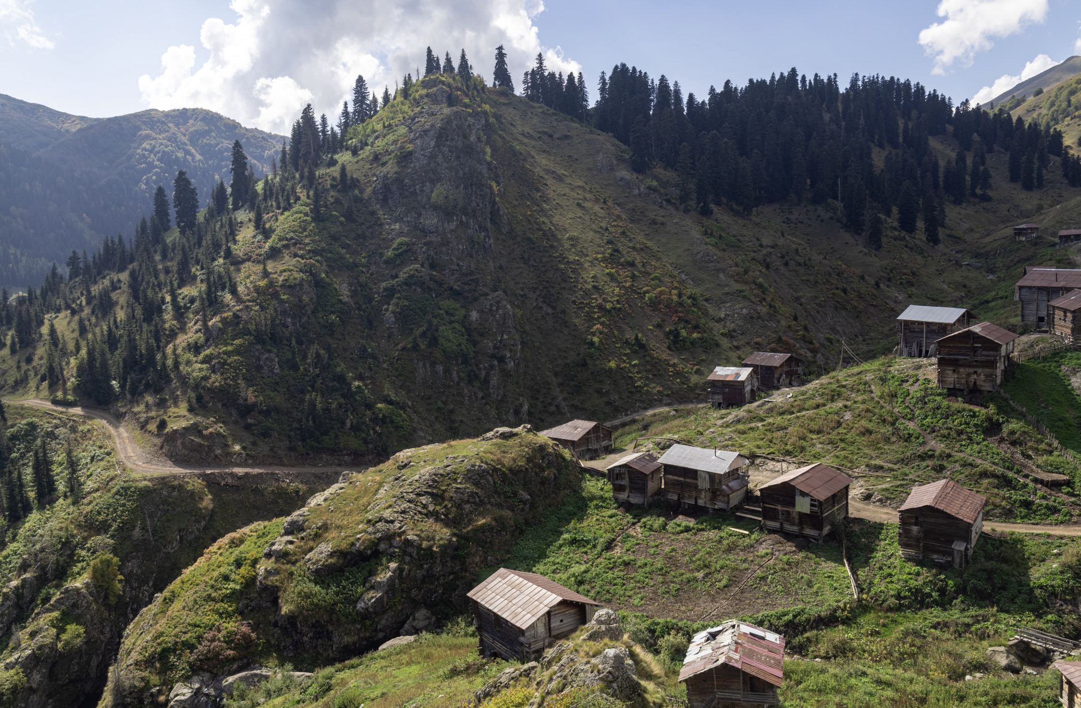 Old wooden houses on a green mountainside above a forested valley, with a narrow winding road.
